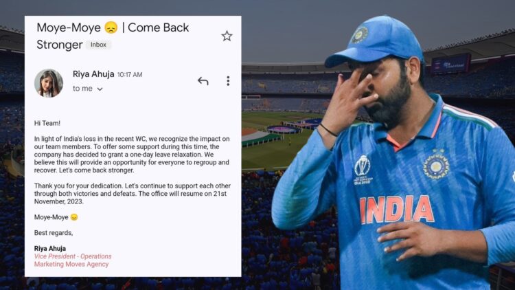 Marketing Moves Agency teams up against Monday Blues after India’s loss in the World Cup, granted 1 day off for mental well-being!